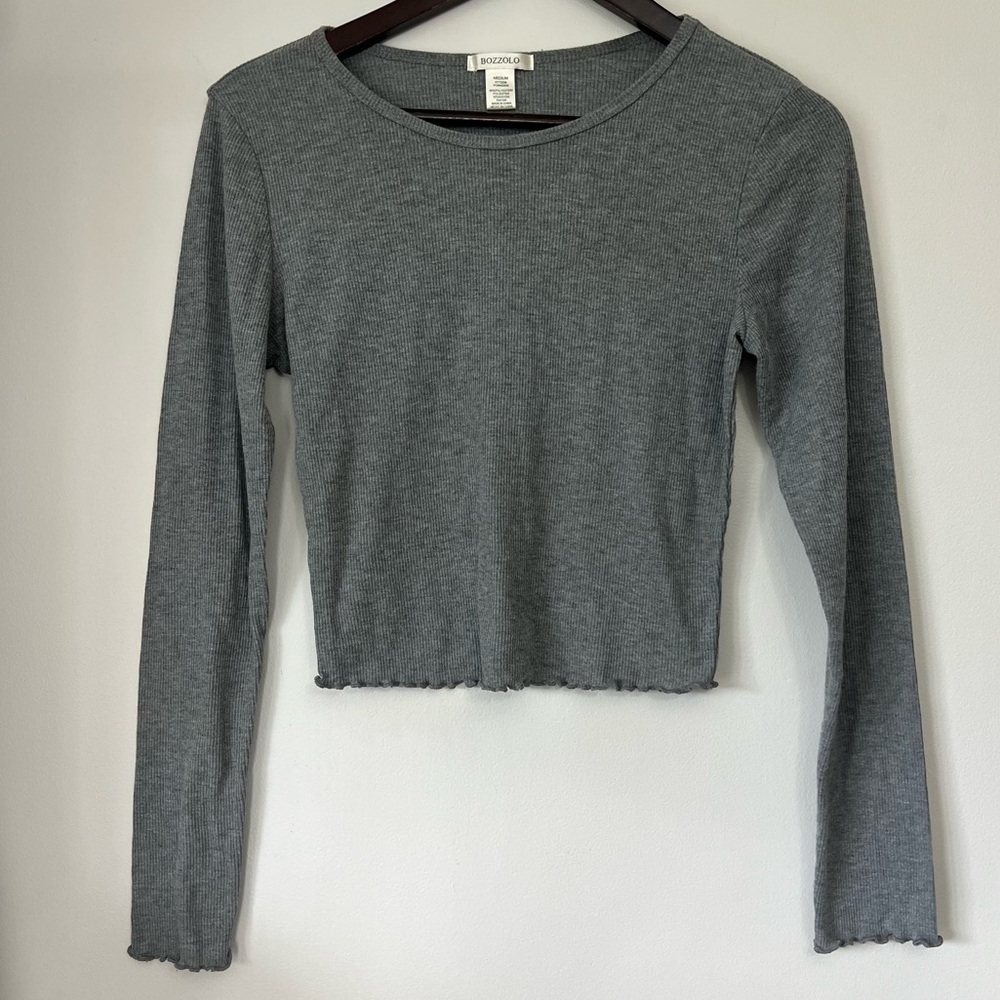 Bozzolo Ribbed Cropped Long Sleeve Top Medium Lettuce Hem Gray Y2K Soft Girl